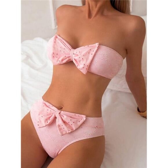 Solid Textured Bikini Set With Bow Decoration - Picture 1 of 5